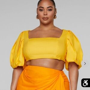 FTF Gabifresh Bright Yellow Square-Neck Puff Sleeve Crop Top 3x